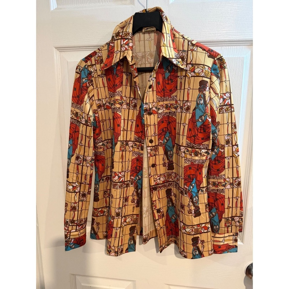 Vintage Jane Colby 70s Stained Glass Art Nouveau Novelty Print Shirt Orange Blue